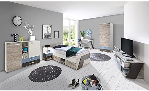 Jugendzimmer Kinderzimmer Komplett Set, Sandeiche weiß Lava blau, 90 x 200 cm Jugendbett, Kleiderschrank, Nachttisch, Kommode, TV Lowboard, Schreibtisch
