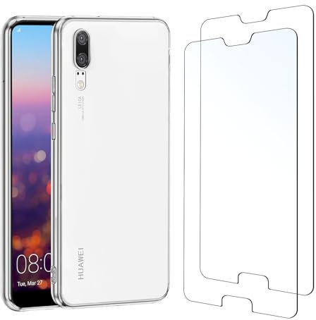 NEW'C Hülle für Huawei P20 - Ultra Transparent Silikon Weiches TPU Gel und 2 × Panzer Schutz Glas für Huawei P20 - Anti Scratch