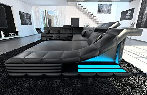 Wohnlandschaft Turino XXL Sofa in Leder - mit LED Beleuchtung, verstellbare Kopfstützen, Recamiere/Lederfarben wählbar/Ausrichtung wählbar (Ottomane rechts, Black)