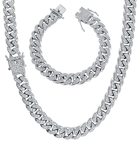 JeweBelle 2PCS Halskette Herren Cuban Link Chain Iced Out Hip Hop Miami Zirkonia Armband Herren Panzerkette 13MM Ketten Armband Set für Männer Jungen Klassischen Punk Diamant Kette Schmuck