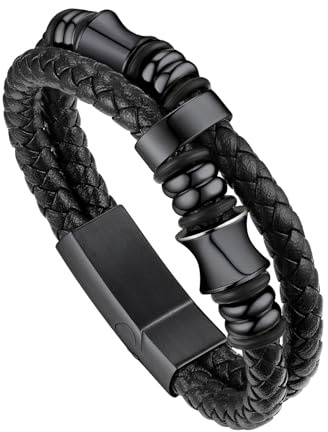 Bandmax Longueur de 19/21/23/25cm, Bracelet Cuir Homme, Fermoir Magnétique | Bracelet Viking Imperméable, Bracelet PU Tressé avec Manchette Double Couche, Pour Papa Fils Petit-ami, Cadeaux Fête des Père