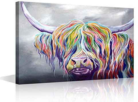 Peinture à l'huile sur toile représentant un taureau coloré - Décoration murale moderne - Impression sur toile pour la maison et le salon - Prête à accrocher - 40,6 x 61 cm (l x H)