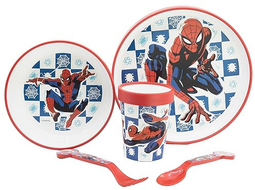 Vajilla infantil reutilizable antideslizante con base de silicona bicolor compuesto de plato, cuenco, vaso y cubiertos en caja de Spider-man