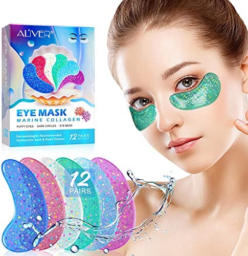 IDUCEN Augenpads, 12 Paar Augengel mit natürlichem Meereskollagen, Hyaluronsäure, Perlen-Augenmaske für geschwollene Augen, Augenringe, Tränensäcke, Anti-Aging-Augenklappen, Faltenreduzierung
