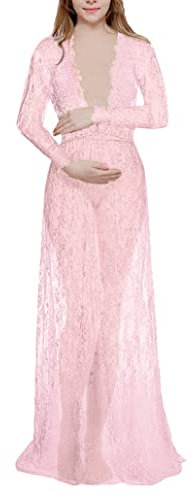 shownicer Maxi Robe Grossesse Dentelle Shooting Photo à Manches Longues Robe de Soirée Photo Shoot Lace Col V Couleur Unie Chic Vetements Femmes Enceinte Élégant Robe Jupe Grossesse Maternité A Rose S
