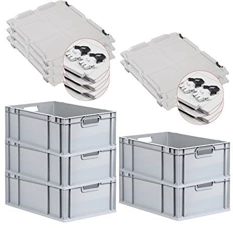 PROREGAL SuperSparSet 5x Eurobox NextGen Grip mit Scharnierdeckel und schwarzen Schiebeschnappverschlüssen, HxBxT 22x40x60cm, 44 L, Grau, Griffe offen, Eurobehälter, Transportbox