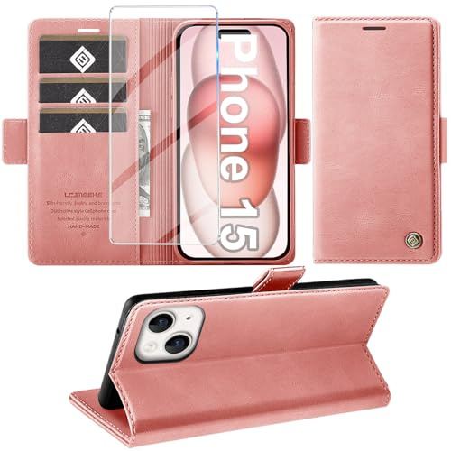 Giyer Handyhülle für iPhone 15 Hülle mit Schutzfolie, Standfunktion Kartenfach Wallet Premium Leder Schutzhülle für iPhone 15 5G 2023 Flip Case Cover Tache Stoßfeste Klapphülle (Rosa)