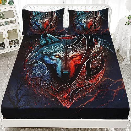 AILONEN Bettlaken-Set, Motiv: Wolfskopf, volle Größe, roter Blitz und Wolfskopf mit Maskenmuster, 3-teilig, atmungsaktives Spannbetttuch und 2 Kissenbezüge