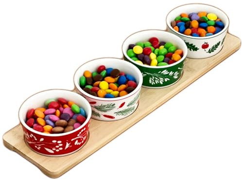 Darthome 5pc Christmas Snack Dish Set 4 Xmas Festive Tapas Sweets Bowls Bamboo Wood Tray