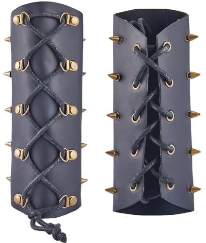 GORGECRAFT Armschützer aus Leder, mittelalterlich, Antik-Bronze, Nieten, PU-Leder, Bogenschießen, Kordelzug-Krawatte, Retro-Armstulpe für Cosplay-Kostüme, Zubehör, Schwarz, 2 Stück