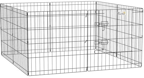 PawHut Parc enclos modulable pour Chiens Lapins rongeurs clôture pour Petits Animaux intérieur et extérieur Pliant 1 Porte 8 Panneaux en Fil de métal Porte verrouillable 61 x 61 cm Noir
