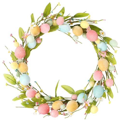 Osterkranz mit Pastell Ostereiern, 42cm Bunter Ostereier-Kranz Haustür Kranz Grünkranz, künstliche Beeren Kranz, Ostern Dekokranz Wandkranz Willkommenss Girlande für Hochzeit Wand Fenster Wohnkultur