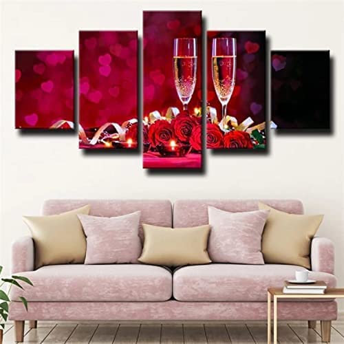 Canvas Wall Art 5 Piece Mural Oil Painting Pictures, Wine Champagne Rose Print 5-Part Modular Posters, (Xxl/Without Frame 200 X 100 Cm) For Living Room Hotel Restaurant Office Home Decor P -1S1T/Z8R