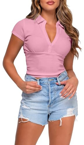 Rayson Manica Corta Tee Stretto Donna Maglietta a Maniche Corte con Scollo a V Polo Fitness Top Fit Going out Crop Tops(Rosa,M)