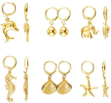 LEGENTLISUR 6 Paar Ohrringe Gold Hängend Damen 18K Vergoldet Ohrringe Edelstahl Huggie Hoop Creolen mit Anhänger Schmuck Delfin/Seestern/Krokodil/Elefant/Runde Ball Ohrringe Für Mehrere Ohrlöcher