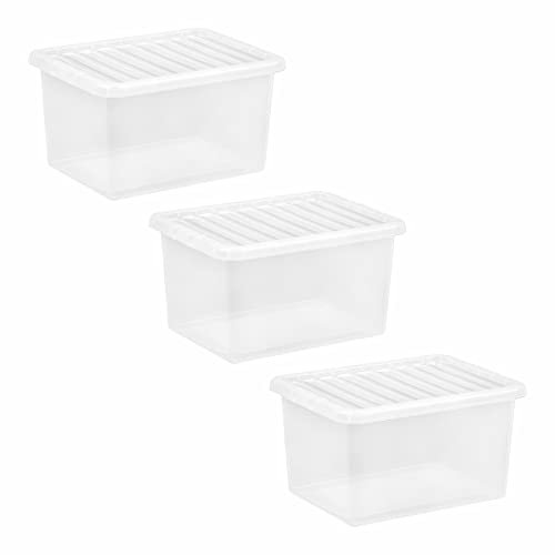 M1SS (Pack of 3 25L Litre Clear Plastic Storage Box With Lids Home Office Stackable Nestable Container Made in U.K