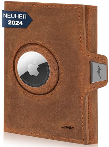Marc Peter® Jupiter Airtag Echtleder Geldbörse mit Münzfach | Kleines Portemonnaie für Herren mit RFID | Apple Airtag Kompatible Mini Geldbörse | Kreditkartenetui für bis zu 11 Karten Bräune