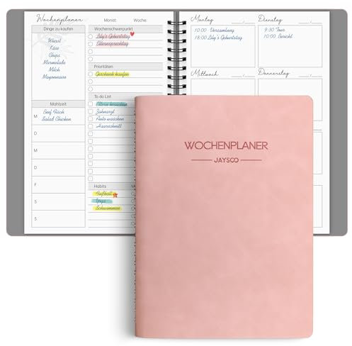 JAYSOO® Wochenplaner,undatierter Terminplaner, A5 Wochenkalender mit Einkaufsliste, To do list usw., 118 Seite 155x215mm Soft Cover Coil Wochenkalender für Arbeit, Lernen und Familienplan - Rosa