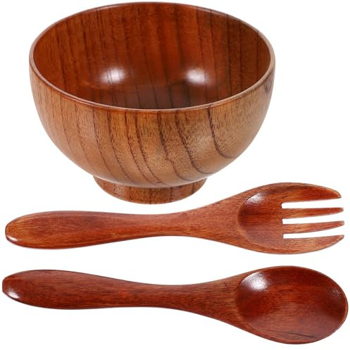 PRETYZOOM Ensemble Bol En Bois Naturel Avec Cuillère Et Fourchette Bol Profond Pour Salade Fruits Et Soupes Usage Domestique Et Restaurant 10.5X10.5X6.7Cm