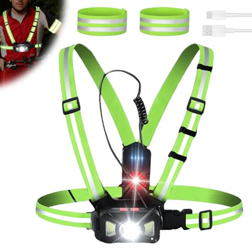 Lauflicht mit Reflektoren, USB wiederaufladbare Brustlampe zum Joggen, Brustlampe mit Reflektorstreifen, einstellbarer Beleuchtungswinkel, Lauflampe, IPX65 Wasserdicht