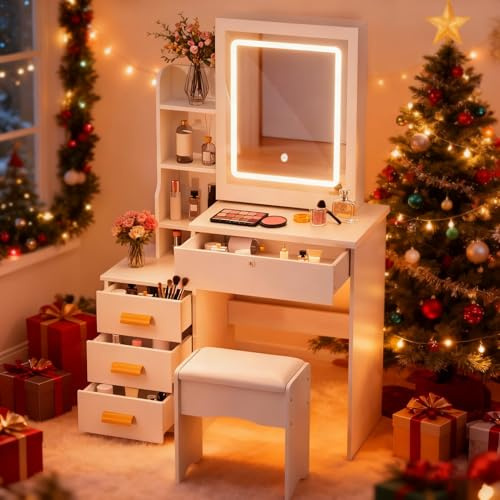 nawoefii White Dressing Table, Vanity Desk with Mirror and Drawers, Makeup Table with LED Lights, Corner Dressing Table with Stool, Bedroom Dressing Tables 80 x 40 x 135 cm (A)