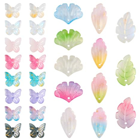 PandaHall 100 Stück Blattglas-Charm-Perlen, Schmetterling, Kristall, baumelnde Charms, zweifarbig, transparent, Ginkgo-Blatt-Anhänger für Bastelarbeiten, Halsketten, Ohrringe, Schmuckherstellung, Glas