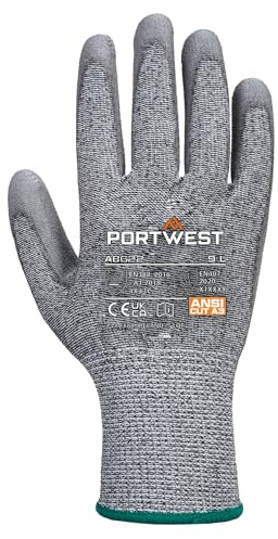Portwest AB622 Cut C13 PU Work Safety Gloves 12 Pairs | Grey, Medium, EN 388 Cut Level C, 13 Gauge Liner, Contact Heat Resistant, Seamless Grip