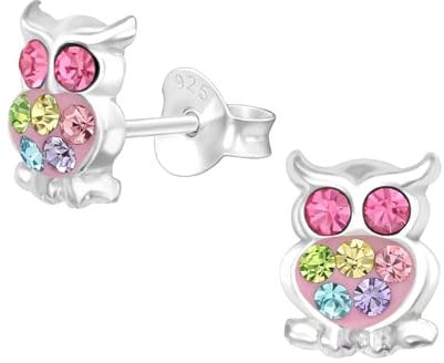 Monkimau Eule Kinder Ohrringe | mit Kristallen 925 Silber | Mädchen Ohrstecker Schmuck | Hypoallergen & Nickelfrei | Kinderohrringe Geschenkidee
