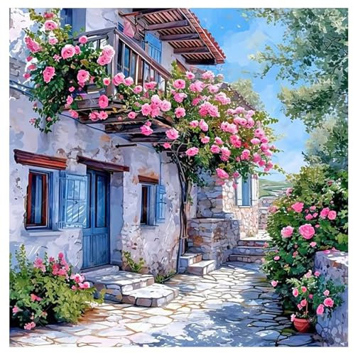 TDFERAN 40x40CM Diamond Painting Paysage de Campagne - Fleur, Village et Chalet avec Ville de Santorin