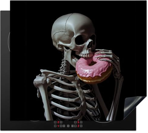 KitchenYeah© Herdabdeckplatte 60x52 cm Einteilig Induktionsmatte Küche Abdeckung Ceranfeld Herd Abdeckplatte Deko Vinyl Matte Aufrollbar Skelett - Donut - Essen - Totenkopf - Rosa