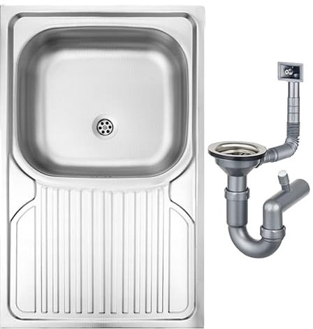 DomoDomo Apollo LEN DEKOR - Fregadero de 1 cámara, de acero inoxidable con estructura de lino, 80 x 50 cm, incluye sifón