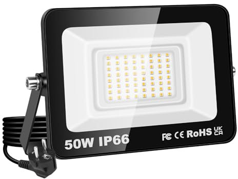 RIGIDON Focos Led Exterior & Interior con Enchufe, 1x 50W 5000 LM Foco de Luz, Proyector LED para Jardín Patio Plaza Garaje Terraza Estadio Trabajo, IP66 Impermeable 3000K Blanco Cálido Iluminacion