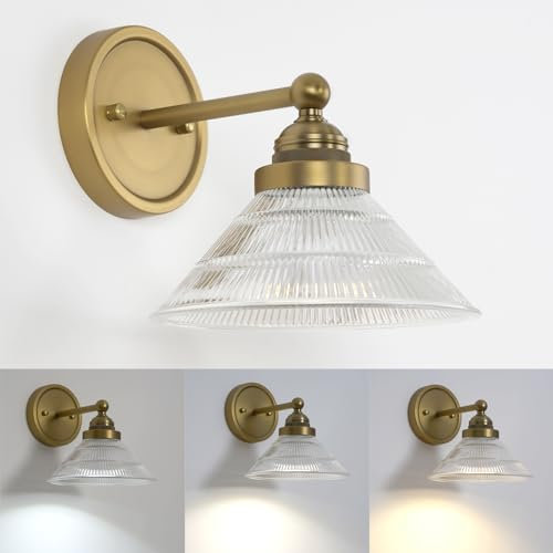 HEQIQEH Vintage Battery Operated Sconce Wall Lighting Fixture with Clear Ribbed Glass Shade, Dimmable Cordless Wall Lamp with Remote Control for Bedside, Hallway, Porch, Kitchen, Vanity Bathroom
