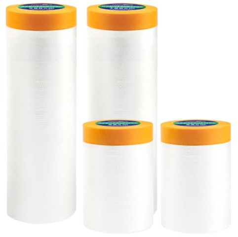 4 Rollen Abdeckfolie mit Klebeband, Malerfolie Abklebeband mit Folie (280cm*20m,150cm*20m,55cm*20m x 2), Selbstklebende Gold Tape Masking Master, Malerkrepp zum Staubschutz Fenster Tür Möbel