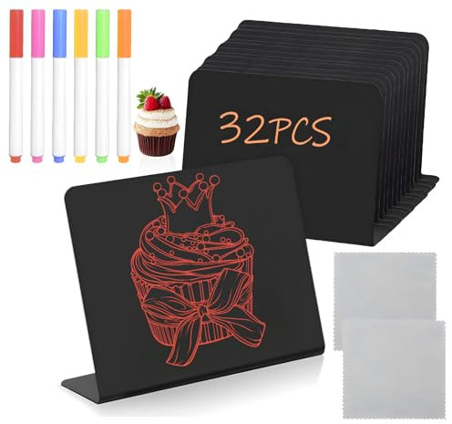 32 PCS Mini Tableau Noir & Ardoise Set, 10 * 7.5cm Petite Ardoise Tableau Ardoise, Ideal pour Etiquette Prix, Porte Nom Table, Mini Panneau d'Affichage, Buffet Mariage Boulangerie Fête Décoration
