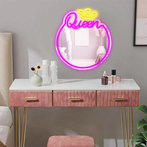 Queen Miroir néon avec couronne LED, décoration murale rose, miroir rond en acrylique, 43 cm
