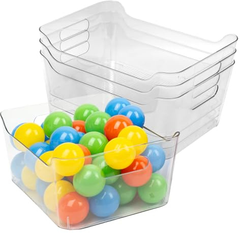 Amtido Clear Plastic Organiser Storage Extra Large, 4 Pack (32.5x24.1x15.5cm) – Durable, BPA-Free PET Fridge Organisers with Handles - Nestable Tray Storage for Kitchen Fridge Pantry Bathroom