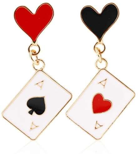 Poker Ohrringe Damen, Rotes Herz Pik Asymmetrische Herzkönigin Tropfen Ohrringe Spielkarten Schmuck Kostümzubehör für Damen Halloween Karneval Partygeschenke