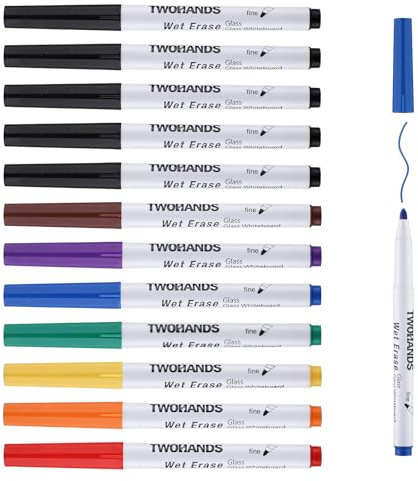 TWOHANDS 12 Wasserlöslich Whiteboard Marker 8 Farben Abwischbar Feinspitze | 1–2 mm Linienbreite, Folienstifte für Whiteboards, Folien und Büroanwendungen,19707