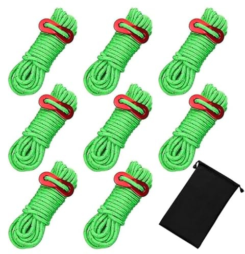 8Pcs Tent Guy Ropes, 4mm/13 Feet Guy Ropes with Storage Bag(Green) | Reflective Cord Guy Line Tent Guide Rope with Aluminum Adjuster, Suitable for Outdoor Camping Hiking Awning Tents