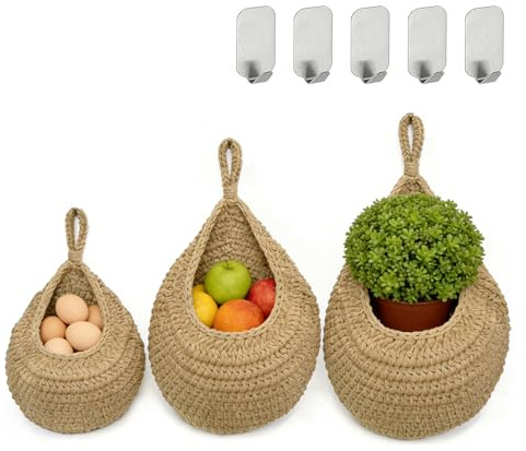 3Pcs Hanging Fruit Baskets for Kitchen Woven Cotton Teardrop Hanging Baskets Hanging Basket with 5 Hooks for Fruit Vegetable Storage & Home Decor(Brown)