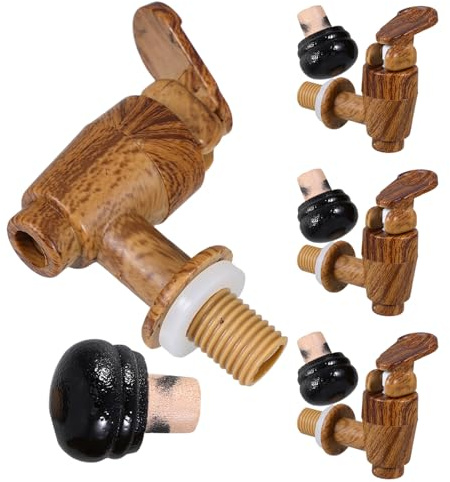LIGIGWASH Bec Verseur Bois pour Tonneau de Bière et Vin Robinet de Remplacement avec Bouchon Étanche Accessoire pour Distributeur de Boissons Lot de Bouchons Noirs Robinets Imitation Bois
