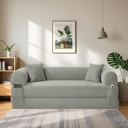 BMMB Bodensofa mit Schlaffunktion, 203cm 3-sitzer Boneless Couch Sofa, Klappbar Schlafsofa Schlafsessel Bed mit 2 Kissen, Moderne Klappsofa Sofabett für Wohnzimmer Schlafzimmer (Hellgrau, Queen)