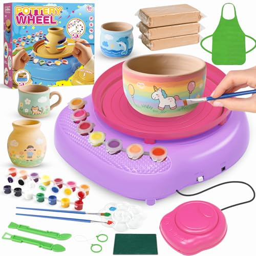 Cmiolacuna Pottery Wheel for Kids 6-12 with Air Dry Clay, Paints & Tools | Beginner pottery kit adds 3 clay packs, 14 paints, tools and apron. Gentle spin USB rechargeable wheel; no kiln needed