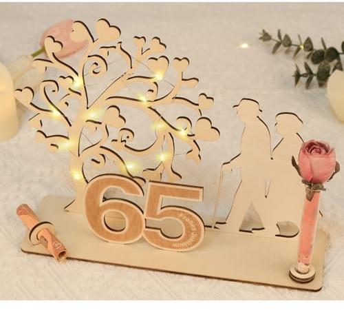 ARTREE Holz Geldgeschenk 65 Jahre Ehe – Eiserne Hochzeit Deko mit Herzbaum & LED – Edle Geschenkidee zum 65. Hochzeitstag