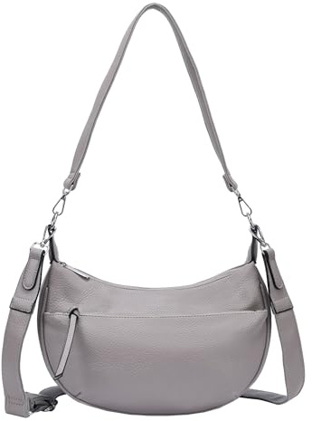 ITALYSHOP24 DAMEN TASCHE MOON Bag Crossbody Runde Schultertasche Hobo Bag Taschenanhänger Umhängetasche Shopper Crossover Handtasche Halbmond Leder Optik Reise (Hellgrau)