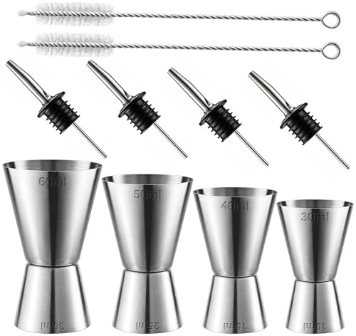 4 bicchieri dosatori da cocktail, in acciaio inox a doppia misura, 3 cl/4 cl/5 cl/6 cl con 4 beccucci e 2 pennelli, set di misurini per bar party