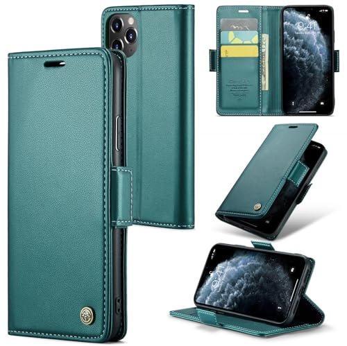 Idhiem for iPhone 11 Pro Max Flip Case, PU Leather Wallet Cover with RFID Blocking, Magnetic Closure Card Holder and Kickstand, Shockproof Protective Case- Green | Premium PU leather, folding case, RFID blocking, magnetic closure, card slot stand function, flip case protective case