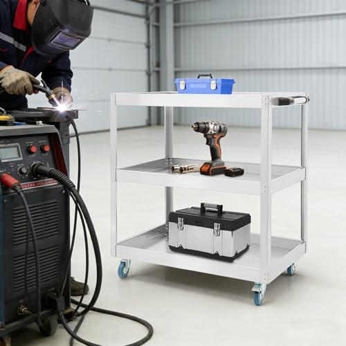 3 Ebenen Werkstattwagen Edelstahl Transportwagen Werkzeugwagen, Rollwagen Kommissionierwagen Vielzweckwagen für Lagerung von Werkzeugen, Geräten oder Materialien, 66x35x71 cm, Traglast 150-200 kg