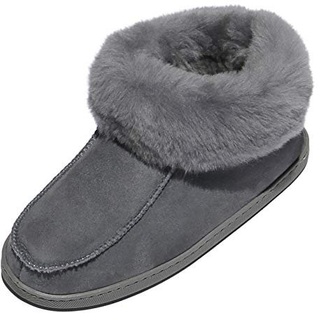 der-Fellmann Hollert Damen Lammfell Hausschuhe Mokassin EWA grau EUR 40 Hüttenschuhe aus 100% Merino Schaffell Lederschuhe warm gefüttert bequem und leicht mit Gummisohle